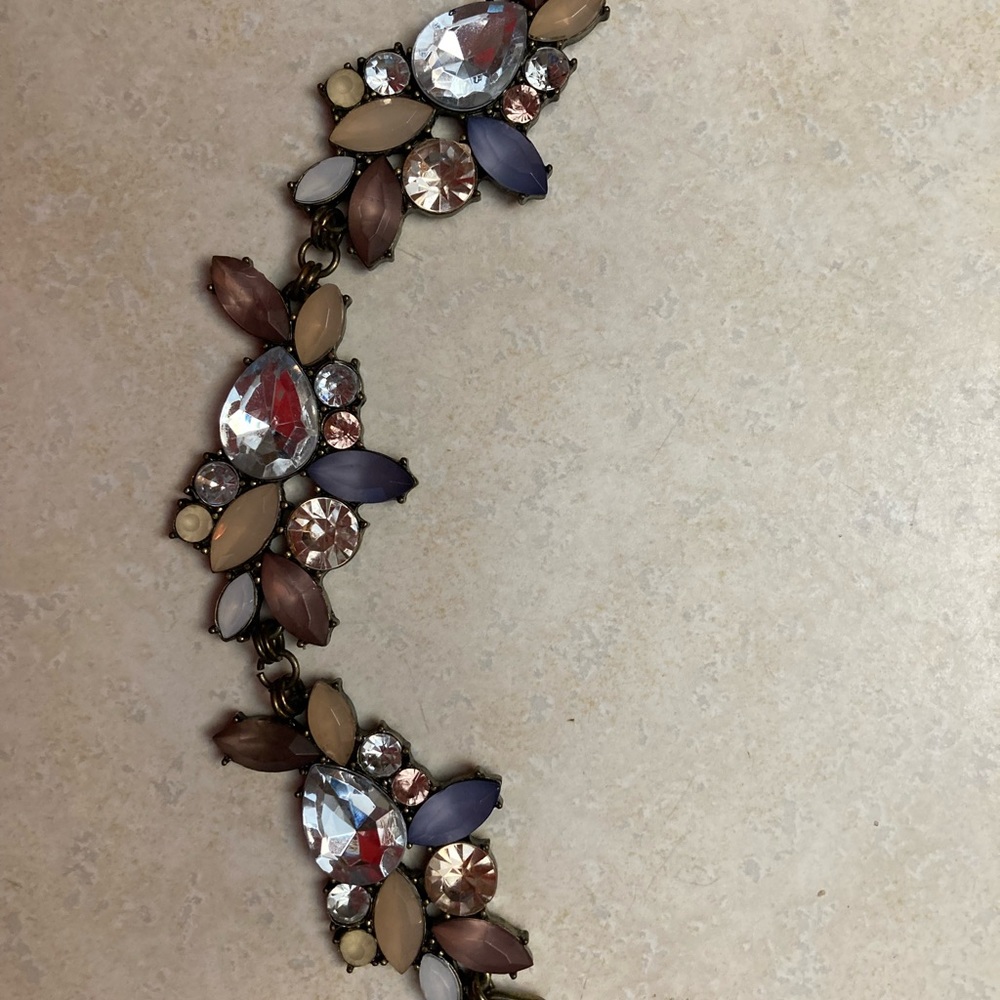 The Loft necklace with silver, fabric chain/pink, navy, tan, clear jewel stones